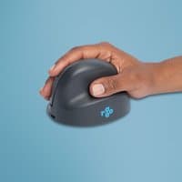 Grey R-Go Tools ergonomic vertical mouse, medium size, right-handed, Bluetooth, with blue logo on side.