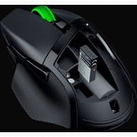 Black Razer Basilisk V3 X HyperSpeed gaming mouse, green scroll wheel, open battery compartment, textured grip.