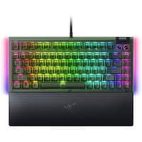 Razer BlackWidow V4 75% keyboard, black with RGB backlit keys, USB connection, and wrist rest.