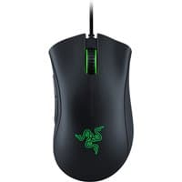 Black Razer DeathAdder Essential gaming mouse with green logo, ergonomic design, and scroll wheel, USB Type-A connection.