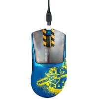 Blue and yellow Razer DeathAdder V3 Pro Fortnite Edition mouse with USB-C, black stripes, and Fortnite graphics.