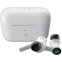 White Razer Hammerhead HyperSpeed wireless in-ear gaming headphones with compact charging case, Bluetooth connectivity.