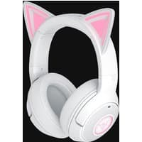 White Razer Kraken Kitty V2 BT wireless gaming headset with pink cat ears and cushioned ear cups.
