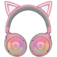 Pink Razer Kraken Kitty V3 Pro headset with cat ears, RGB lighting, and padded headband.