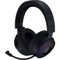 Black Razer Kraken V4 Pro headset with padded headband, RGB ear cups, and adjustable boom mic, wired and wireless options.