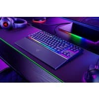 Black Razer Ornata V3 Tenkeyless gaming keyboard with RGB backlighting and detachable wrist rest.