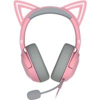 Pink Razer wired headset with cat ears, gray ear cushions, and attached microphone for calls and music.