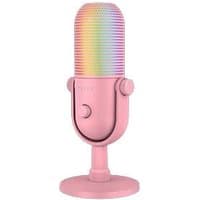 Pink Razer Seiren V3 Chroma PC microphone with RGB lighting, cylindrical shape, and adjustable stand.