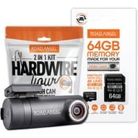 Road Angel Halo Drive 2 dash cam, cylindrical, black, with 64GB MicroSD card and hardwire kit packaging.