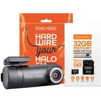 Black cylindrical dash cam with lens, Road Angel logo, includes 32GB MicroSD card and hardwire kit packaging.