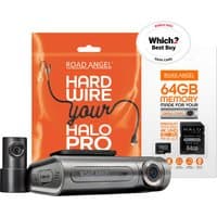Road Angel Halo Pro Deluxe 2K dual dash cam, sleek black design, includes 64GB microSD, front and rear cameras.
