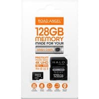 Road Angel 128GB MicroSD card, black with orange branding, UHS-III, in white packaging with dash cam compatibility.