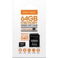 Road Angel 64GB MicroSD card, black with orange and white text, in packaging labeled for dash cam use.