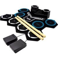 Black RockJam roll-up Bluetooth drum kit with blue accents, built-in battery, two drumsticks, and foot pedals.