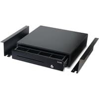 Black Safescan 4141B cash drawer with four bill compartments and two removable brackets.
