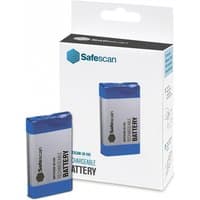Safescan LB-205 rechargeable battery, blue and gray casing, shown with branded packaging box.