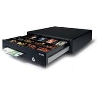 Black Safescan SD-4141 cash drawer with open tray showing multiple compartments for coins and bills, front lock visible.
