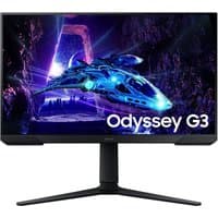 Samsung 24" Odyssey G30D gaming monitor, FHD, 180Hz, sleek black design with futuristic graphics on screen.