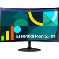 Curved Samsung 24" S36GD FHD monitor with thin bezels, black stand, and vibrant geometric display.