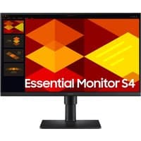 Samsung 24" S40GD Full HD Monitor, black frame, adjustable stand, vibrant display with geometric orange-red design.