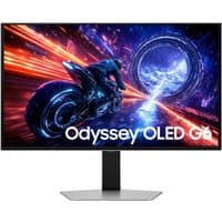Samsung 27" Odyssey OLED G6 monitor, sleek design, vivid QHD display, futuristic graphics on screen, black stand.