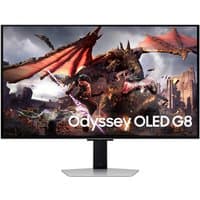 Samsung 32" Odyssey OLED G80SD UHD gaming monitor with thin bezel, displaying a dragon battle scene.