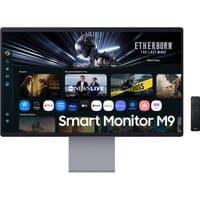 Samsung 32" Smart Monitor M9 with UHD display, slim bezels, silver stand, and remote control, showing streaming apps.