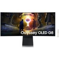 Curved Samsung 34" Odyssey OLED G8 monitor with ultra-wide screen, slim bezels, and vibrant gaming display.