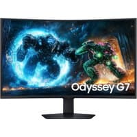 Curved Samsung 37" Odyssey G7 UHD monitor with 165Hz, black frame, displaying vibrant gaming scene.
