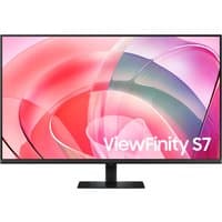 Samsung 37" ViewFinity S70D UHD Monitor with slim black bezel and vibrant pink abstract display