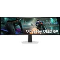 Samsung 49" Odyssey OLED G91SD DQHD gaming monitor, ultra-wide curved screen, sleek black design, vibrant display.