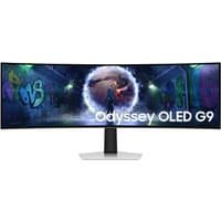 Curved Samsung 49" Odyssey OLED G93SD gaming monitor with vibrant display, slim bezels, and sleek black stand.