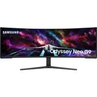 Samsung 57" curved Odyssey Neo G9 monitor with vibrant dual UHD display and sleek black stand.