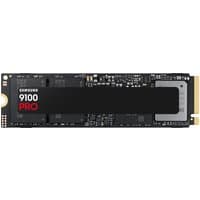 Black Samsung 9100 PRO PCIe 5.0 NVMe M.2 SSD with red logo and gold connector, 4 TB capacity.