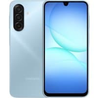 Light blue Samsung Galaxy A17 smartphone, 6.7-inch display, triple rear camera, USB Type-C port, slim design.