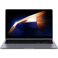 Samsung Galaxy Book4 360 laptop, 15.6-inch display, sleek silver design, black keyboard, thin bezels, open at an angle.