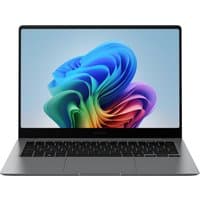 Samsung Galaxy Book5 Pro 14" laptop, sleek silver design, black keyboard, vibrant display with colorful abstract wallpaper.