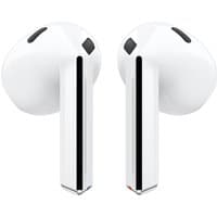 White Samsung Galaxy Buds3 wireless earbuds with sleek design and glossy finish.