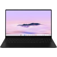 Samsung Galaxy Chromebook Plus 15.6" with sleek black design, thin bezels, and backlit keyboard.