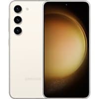 Samsung Galaxy S23 smartphone, cream color, triple rear cameras, 6.1-inch display, sleek design.