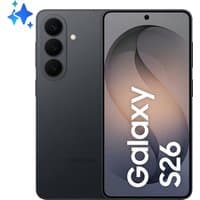 Black Samsung Galaxy S26 smartphone with triple rear cameras and centered front display, featuring Galaxy S26 text.