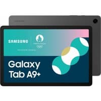 Samsung Galaxy Tab A9+ with 11" display, black frame, rear camera, and Olympic branding on the screen.