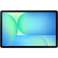 Samsung Galaxy Tab S10 FE 5G with black bezel, large display showing abstract blue and green gradient design.
