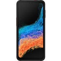 Black Samsung Galaxy Xcover6 Pro smartphone with 6.6" display, colorful abstract screen design, and USB Type-C port.