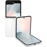Foldable Samsung Galaxy Z Flip7 FE smartphone in white, dual rear cameras, and small front display.