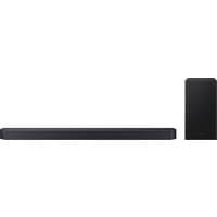 Black Samsung HW-Q600F/XU soundbar with sleek design, 3.1.2 channels, 380 W, includes rectangular subwoofer.