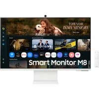 Samsung M8 32" Smart Monitor M80F UHD, white frame, slim design, displaying streaming apps and remote control nearby.