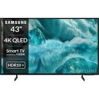 Samsung 43" QLED Smart TV with thin black bezel, HDR10+ support, and vibrant ocean wave display on screen.