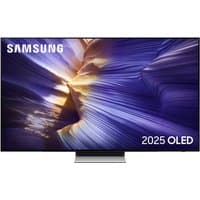 Samsung 48" S90F 4K OLED Smart TV with thin bezels, sleek black frame, and vibrant display showing abstract purple design.