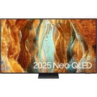 Samsung 75" QN73F Neo QLED 4K Smart TV with slim bezel, vibrant abstract display, and central stand.